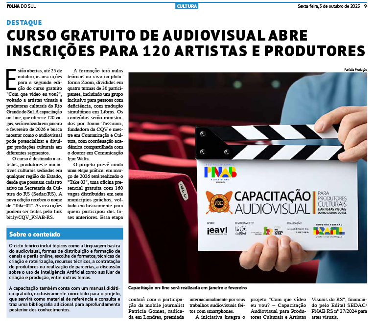Publicação da Folha do Sul sobre a CQV